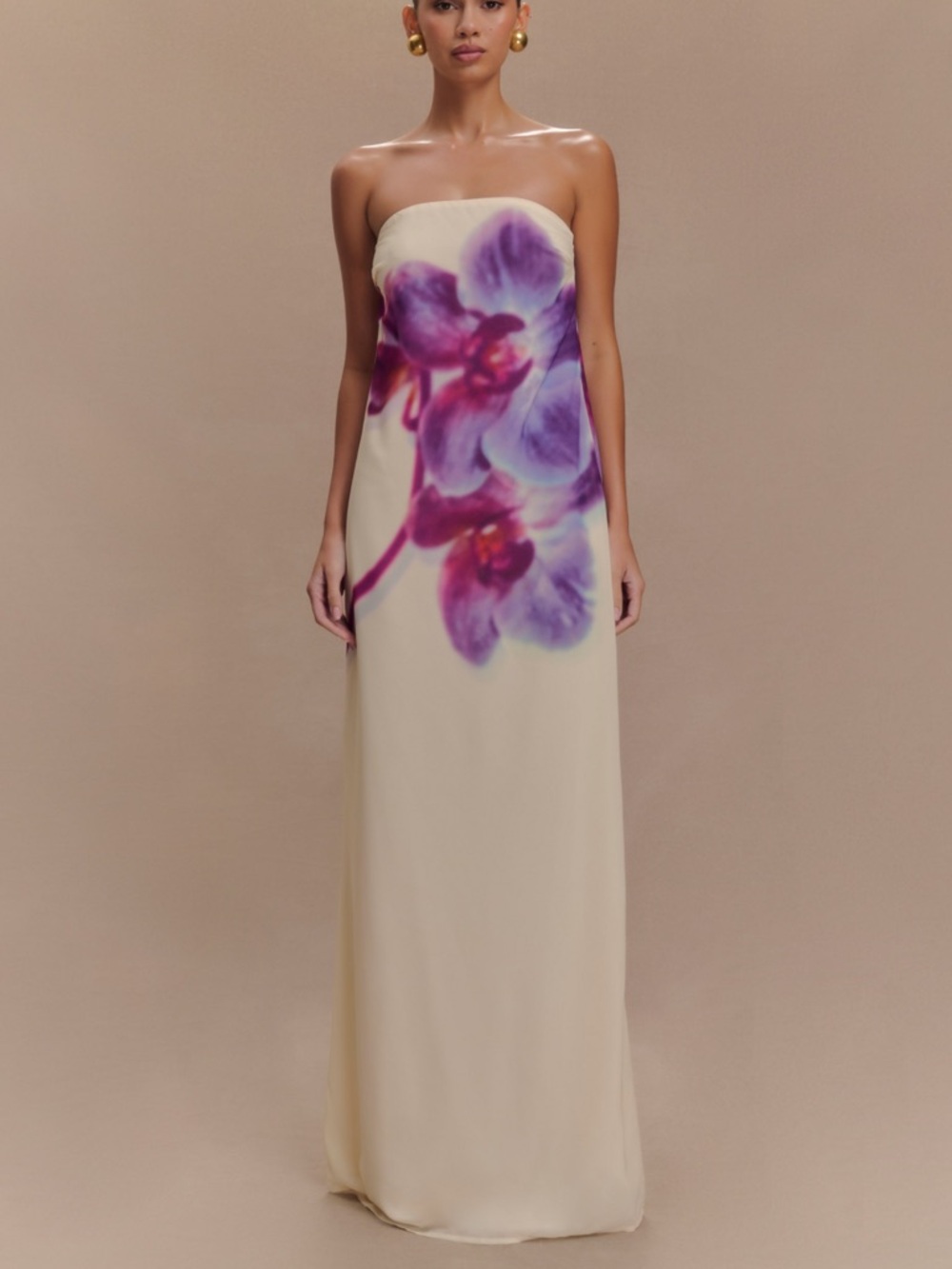 MESHKI Strapless Cream Maxi Dress with Purple Floral Print